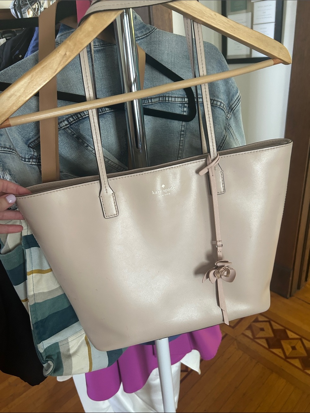 kate spade blush Leather Tote with Floral Tassel